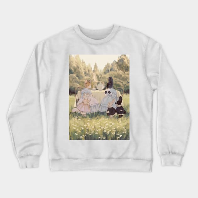 Rabbit and Cat Tea Time Crewneck Sweatshirt by rt0no